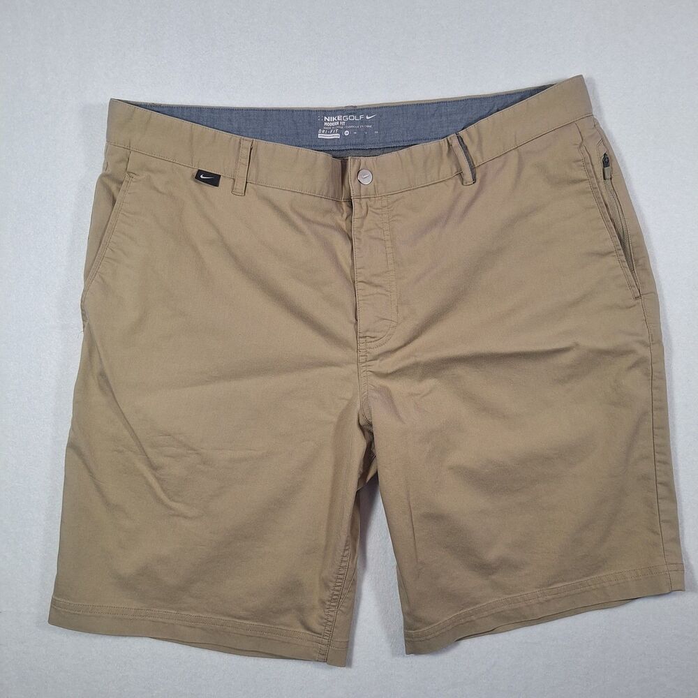 Nike Golf Khaki Shorts Dri-Fit Mens 38 Modern Fit Zip Pocket Logo Flat Front